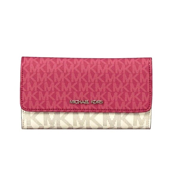 New Michael Kors Jet Set Travel Large Logo Trifold Wallet Dark Raspberry Multi - Picture 1 of 4